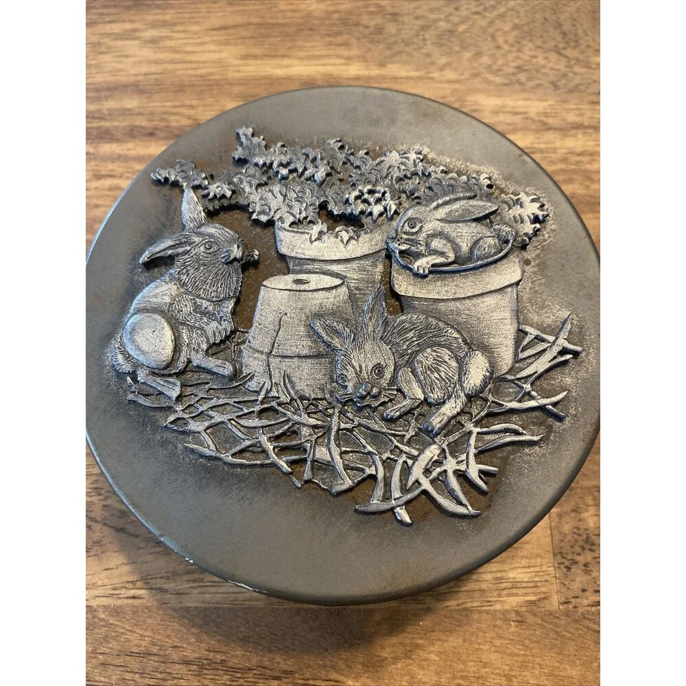 Metzke Vintage Pewter Round Cookie Tin Bunny Rabbits Easter 6” Collectible